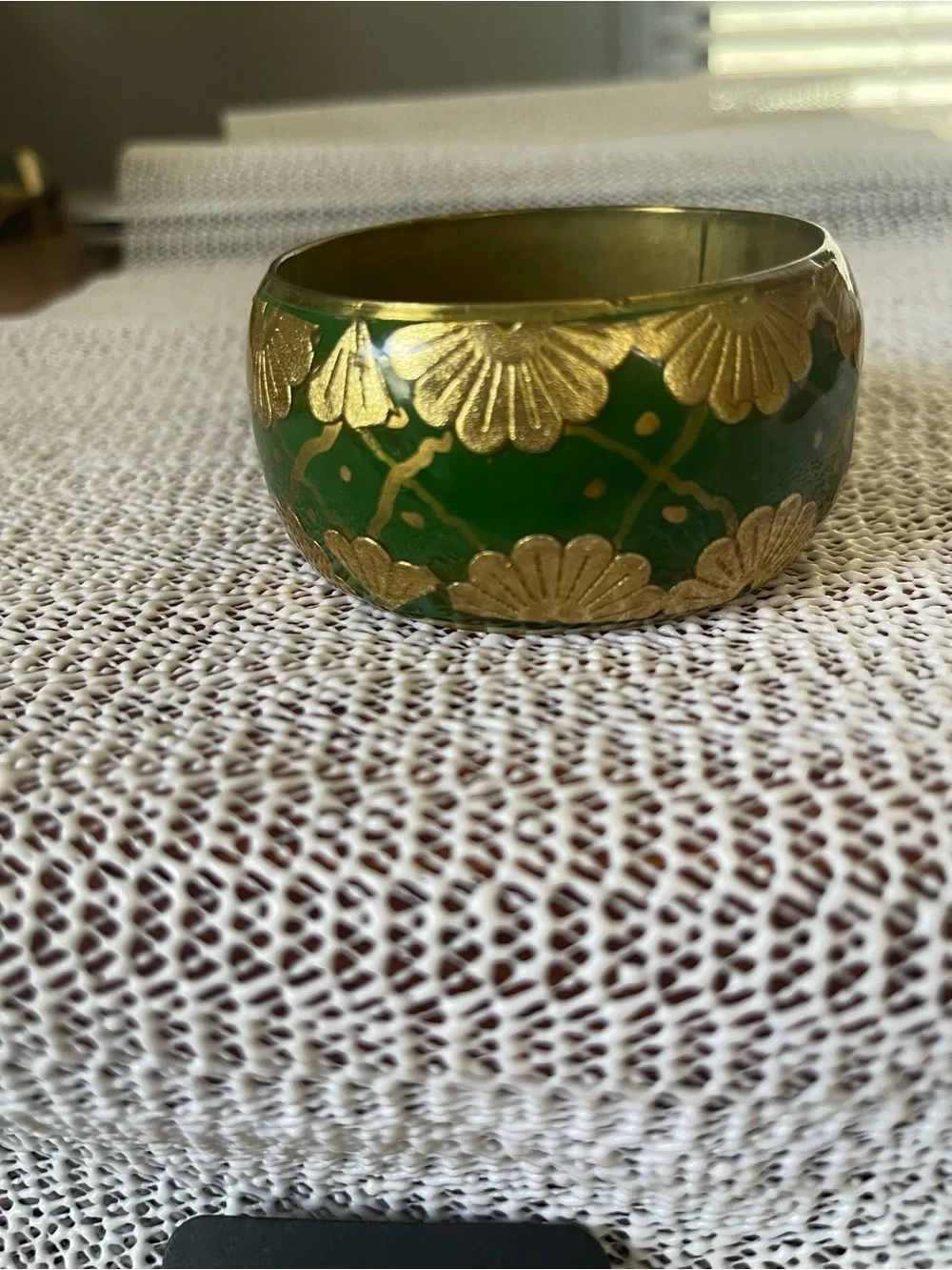 Vintage brass & enamel green/gold bangle bracelet 7”, good condition